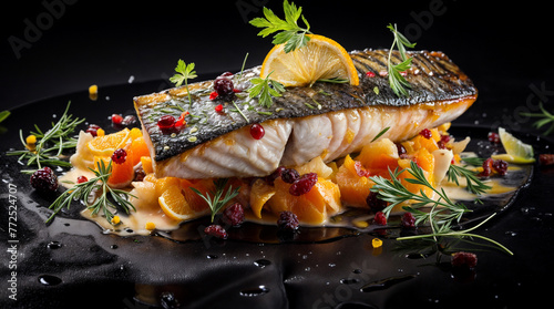 A piece of cooked fish lies on a plate, poured with sauce and decorated with herbs. ©  Riley