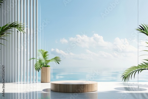 3D product display podium against a blue sky and pastel cloud background. Crystal-clear glass stand with light hologram effects  creating an abstract  minimal scene