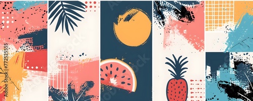 Pineapple  palm leaf, watermelon, sun, abstract, summer background. Cafe, menu, travel, vacation, abstract banner. photo
