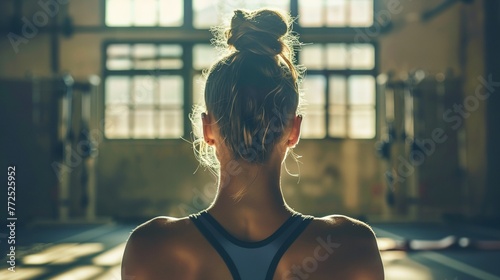 a woman in a gym looking out the window