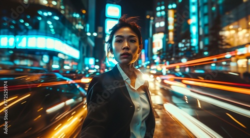 a woman is walking down a city street at night time © progressman