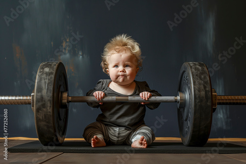 Funny strong baby lifting a heavy barbell over dark background.
