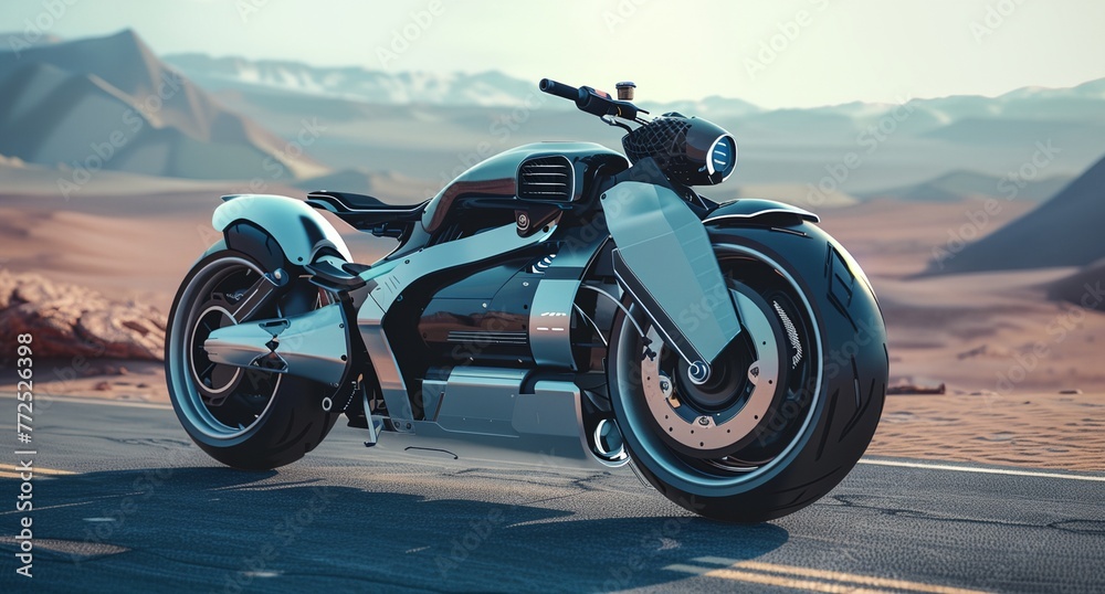 a futuristic motorcycle is parked on the side of the road - obrazy, fototapety, plakaty 