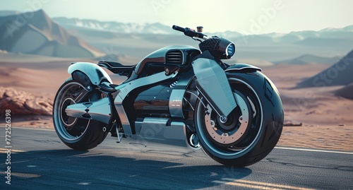 a futuristic motorcycle is parked on the side of the road © progressman