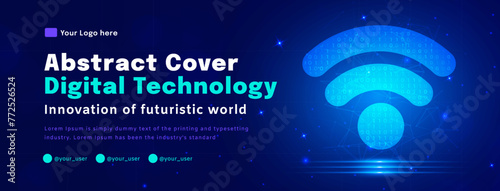 Digital technology poster cover, wifi wireless blue background, cyber information, abstract communication, innovation future tech data, internet network connection, Ai big data, illustration vector