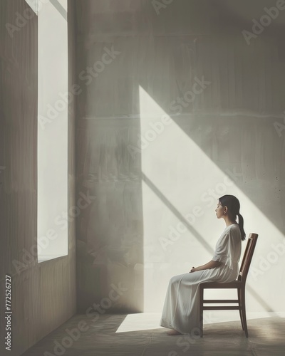 A woman seated on a chair in a tranquil room, lost in thought