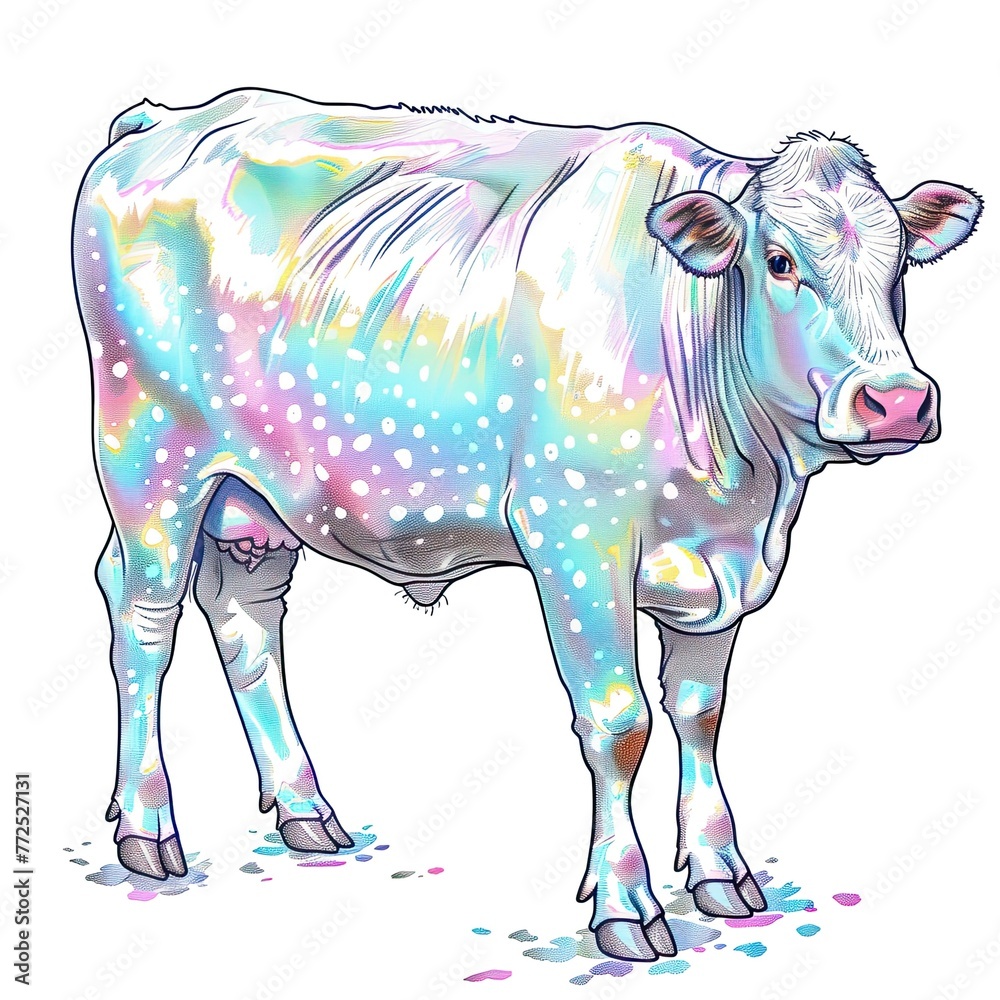 A vibrant, multicolored illustration of a cow