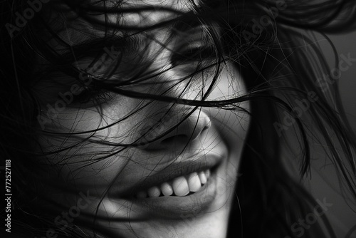 Minimalist close-up shot of a radiant woman's face framed by wisps of windblown hair, conveying pure happiness and serenity, monochrome photo