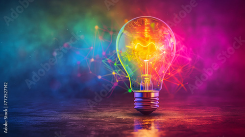 Illuminated Light Bulb with Colorful Background. Glowing light bulb with vivid multicolored bokeh lights on a dark surface.