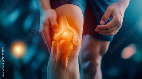 Person Experiencing Knee Pain and Joint Problem. Digital representation of a person holding their knee in pain, highlighting the knee joint in orange. photo