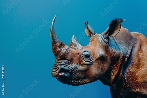 A powerful rhinoceros gazes intensely against a vibrant blue backdrop