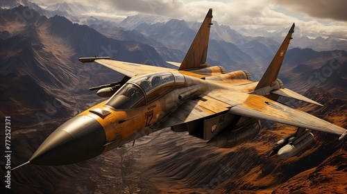 Majestic powerful air force military fighter jet flying soaring over mountains range