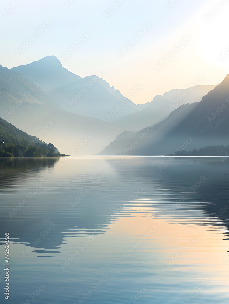 A serene lake takes center stage, reflecting the golden light of the rising sun over layered mountain ranges