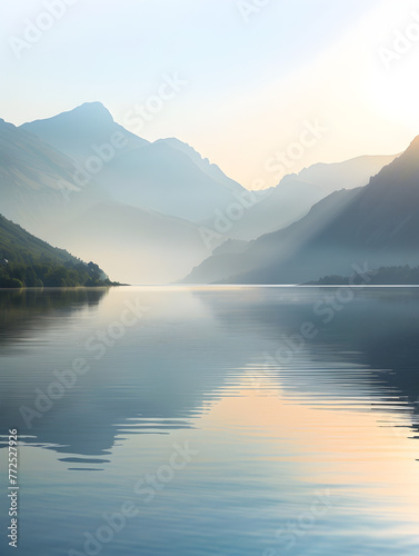 A serene lake takes center stage  reflecting the golden light of the rising sun over layered mountain ranges