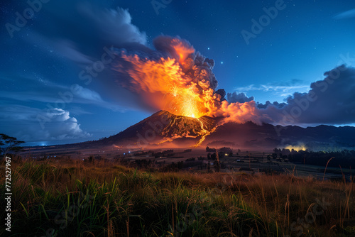 Volcano Erupting Lava Into Night Sky