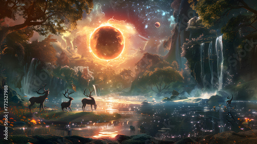 This captivating image showcases a mystical forest scene under a magical eclipse  with wildlife and glowing flora
