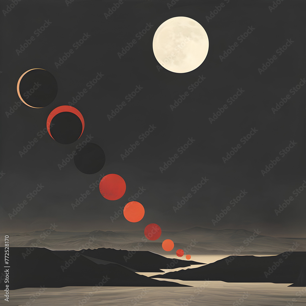 Stunning eclipse and moon phase sequence against a desert landscape ...
