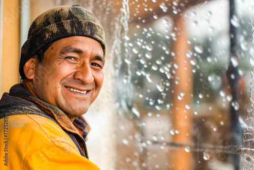 Happy Hispanic Worker Cleaning Glass Window or doing building maintenance