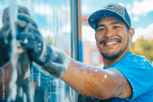 Happy Hispanic Worker Cleaning Glass Window or doing building maintenance © MVProductions