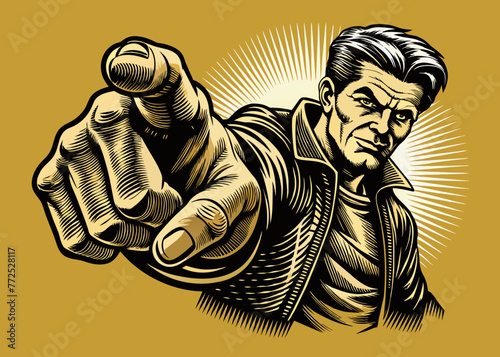 Retro black woodcut print style hand pointing finger at viewer, from front