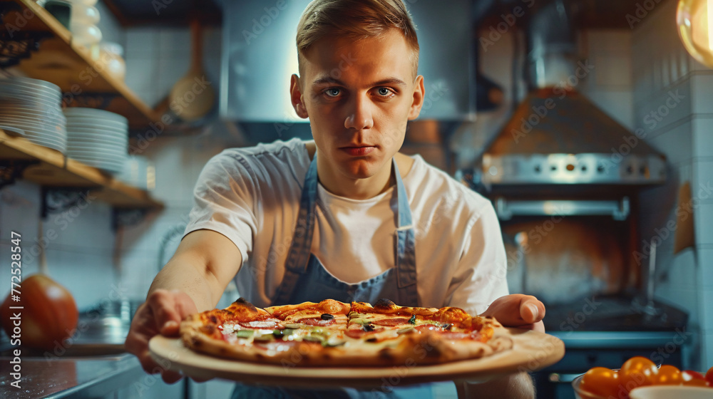chef holding a plate of pizza in his hands