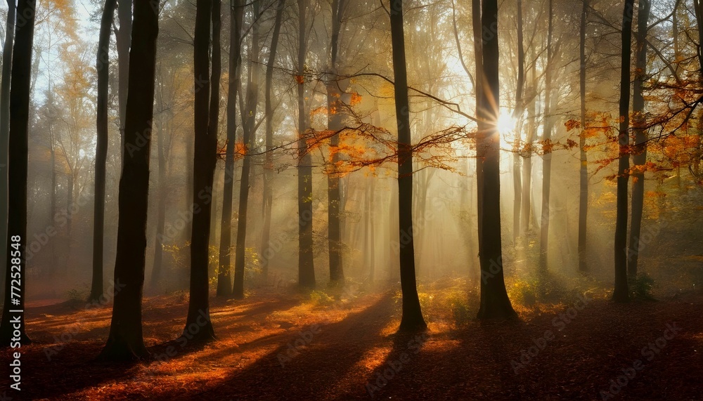 sun beams in an autumn morning forest 4k wallpaper background  created with generative ai