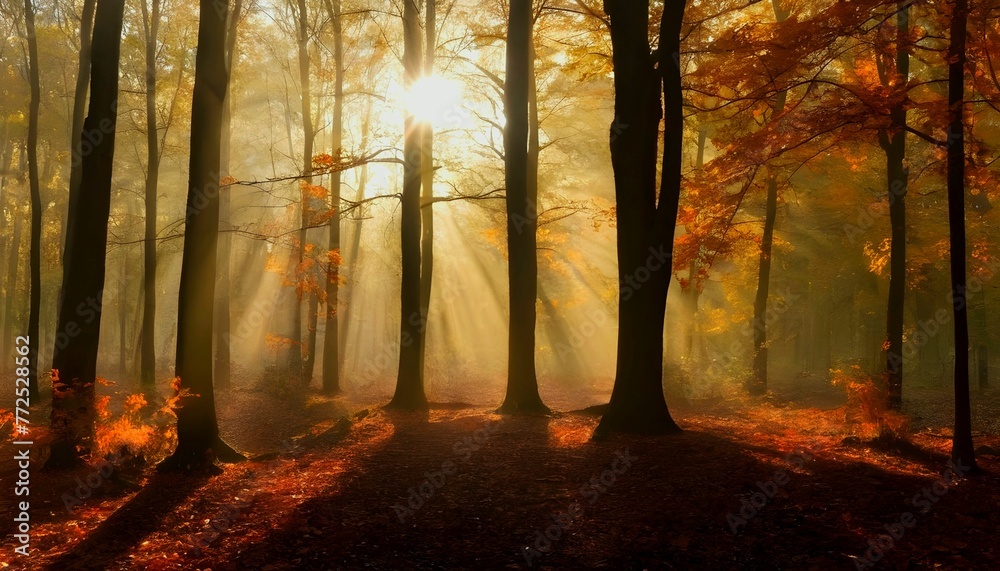 sun beams in an autumn morning forest 4k wallpaper background  created with generative ai
