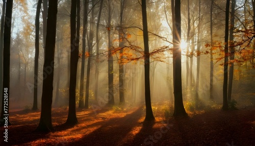 sun beams in an autumn morning forest 4k wallpaper background created with generative ai