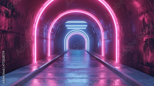 Abstract dark tunnel perspective with neon lights illumination. 3d illustration
