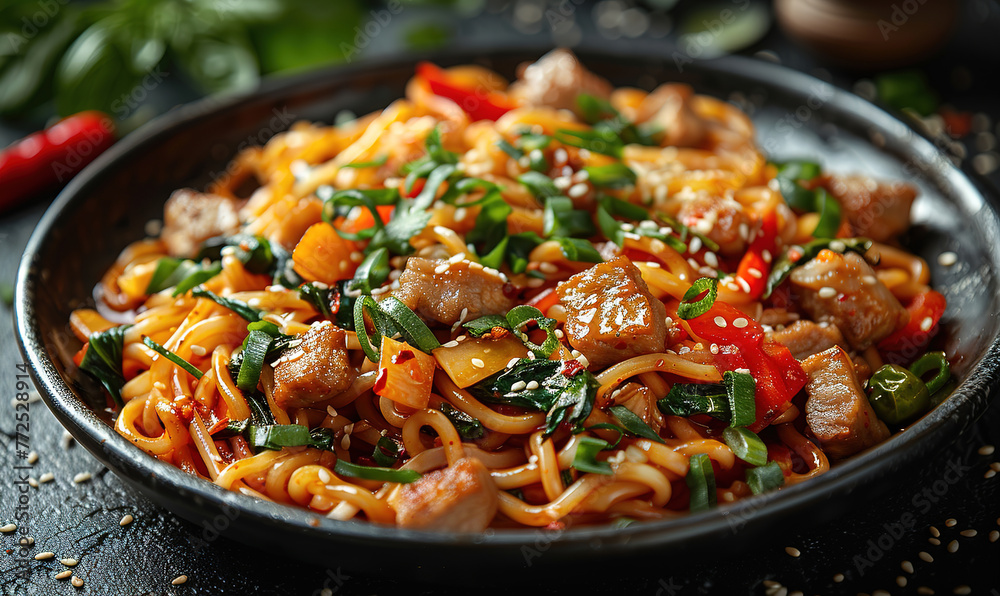 japchae, Stir fry noodles with pork and vegetable in black plate, copy space, korean food, restaurant advertising japchae, Stir fry noodles with pork and vegetable in black plate, copy space, korean food, restaurant advertising