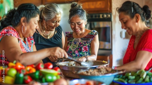 latin grandmother and granddaughter, daughter cooking mexican food at home, three generations of women photo