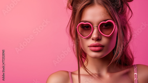 Portrait of a beautiful girl with heart-shaped sunglasses on a pink background