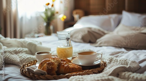Breakfast in bed, cozy hotel room © romanets_v