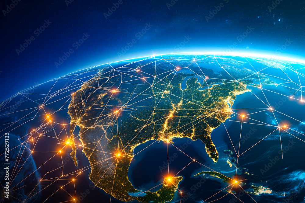 Internet network for fast data exchange over America from space, global telecommunication satellite around the world for IoT, mobile web, financial technology - obrazy, fototapety, plakaty 