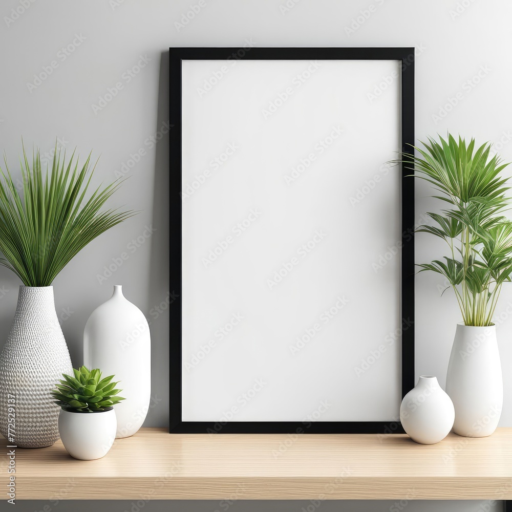 Mock up poster frame close up on shelf with decoration, 3d render Mock up poster frame close up on shelf with decoration, 3d render