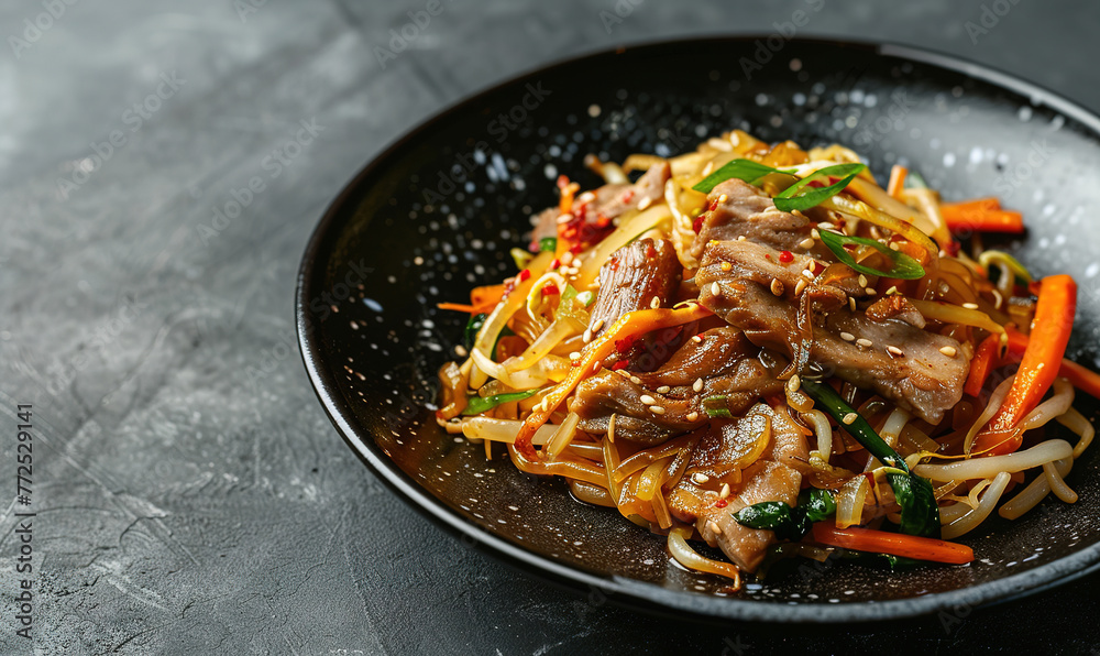 japchae, Stir fry noodles with pork and vegetable in black plate, copy space, korean food, restaurant advertising japchae, Stir fry noodles with pork and vegetable in black plate, copy space, korean food, restaurant advertising