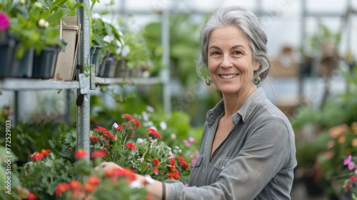 Portrait of a smiling middle aged woman with flowers in plant nursery © romanets_v