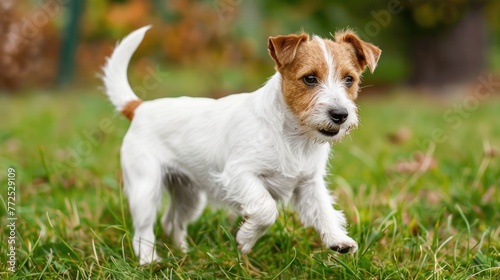 Elevated view of Jack Russell terrier chasing tail view on grass photo