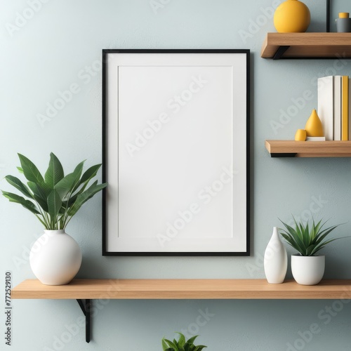 Mock up poster frame close up on shelf with decoration, 3d render