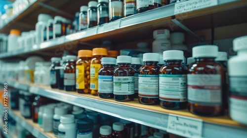 Bottles of pills arranged on shelf at drugstore
