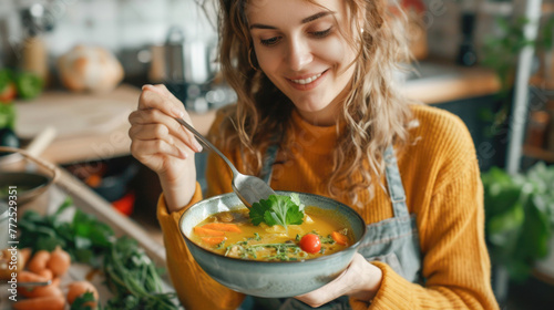 woman holding cooking ladle spoon while eating soup with fresh vegetables in kitchen at home