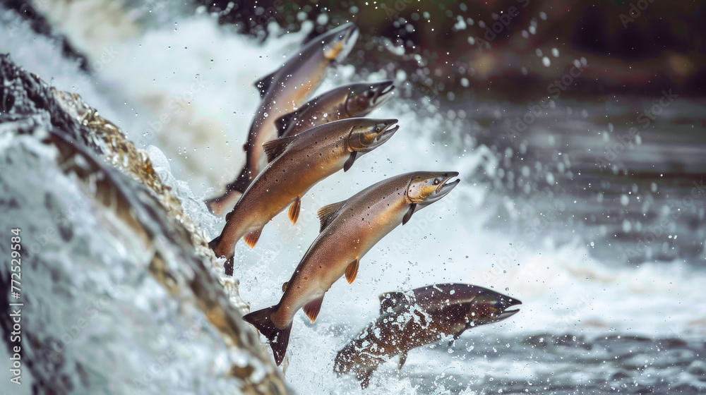 Fototapeta premium Group of Salmon jumping upstream in river