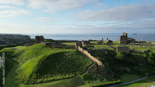 Drone shot of the ruins of Tynemouth Priory and Castle in Tynemouth town, England, UK photo