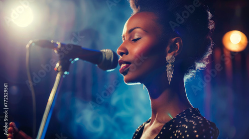 Beautiful African American female jazz singer on stage