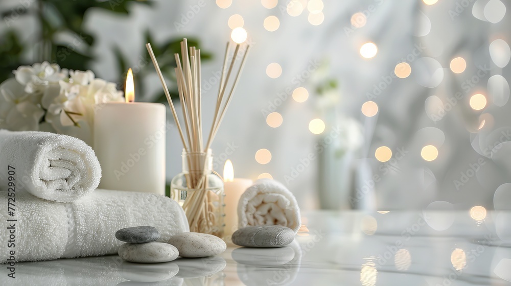 Spa composition. A white marble table with candles blazing, stones, a reed air freshener, and blurry lights surrounding it, with writing space