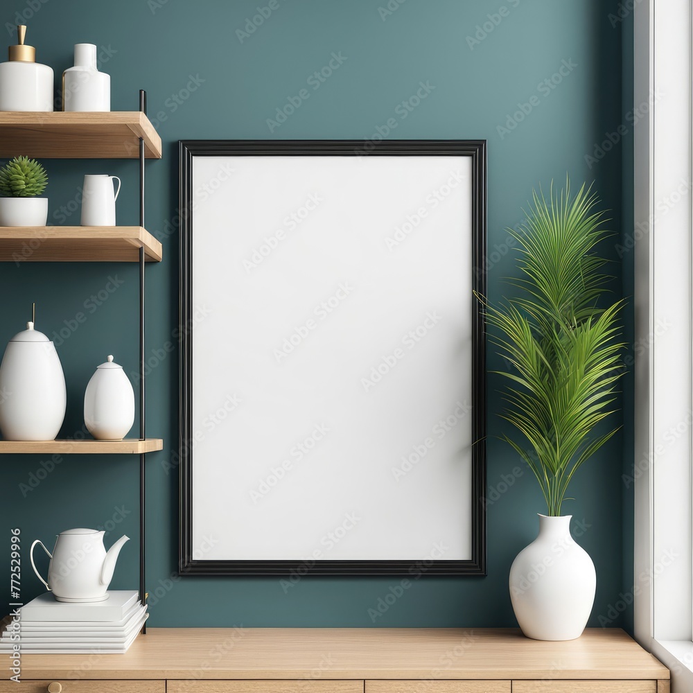 Mock up poster frame close up on shelf with decoration, 3d render Mock up poster frame close up on shelf with decoration, 3d render