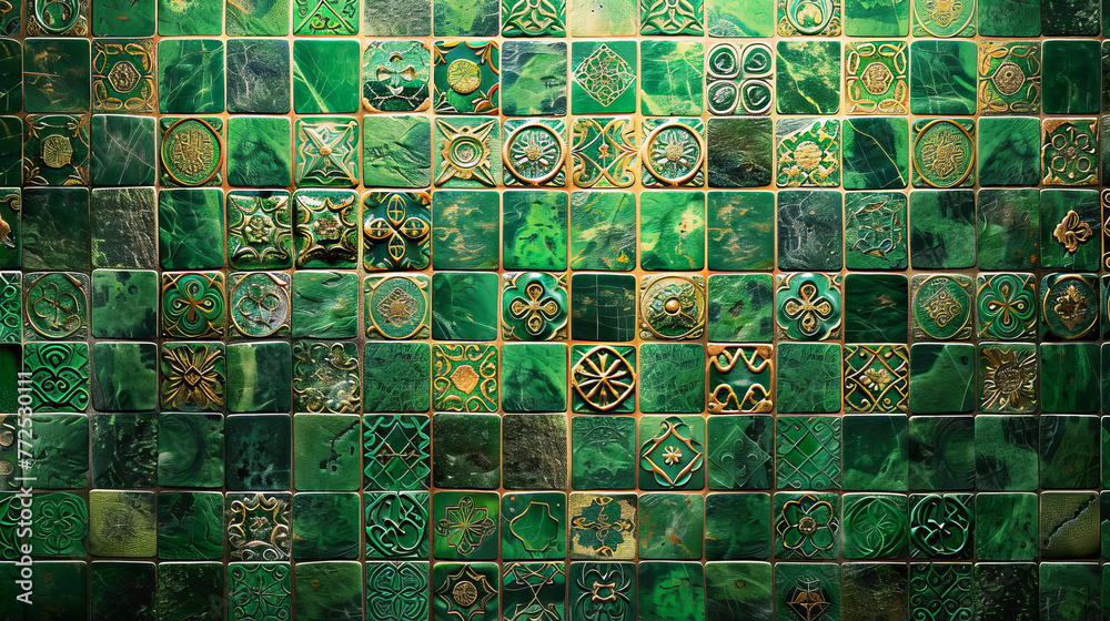 A fragment of antique green mosaic tiles with different patterns. Abstract, textured background. Generative AI..