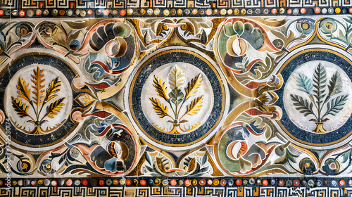 Mosaic element made of colored tiles. Antique ornament of ancient Greek culture. Texture background. Generative AI.