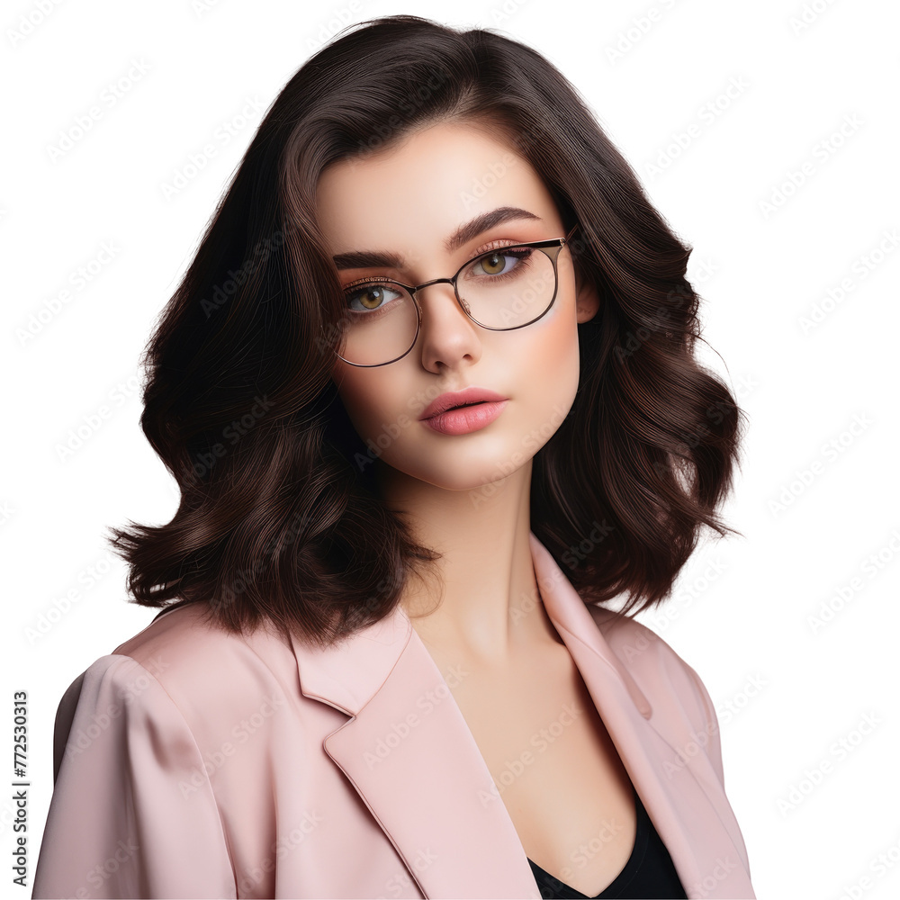 The woman, with glasses on, is wearing a pink jacket. Her hair falls gracefully on her neck, and a subtle lip gesture complements her vision care on transparent The woman, with glasses on, is wearing a pink jacket. Her hair falls gracefully on her neck, and a subtle lip gesture complements her vision care on transparent