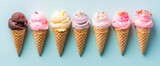 Ice cream in waffle cones on solid background banner summer sweet food tasty different colors fruit